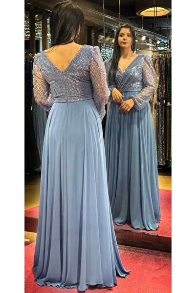 Abiyeniall İndigo Uzun Kollu Kloş Etekli Şifon Uzun Abiye Elbise 7500