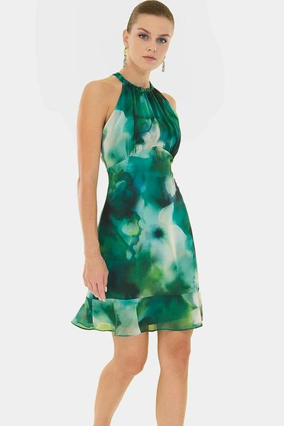 PayBuy Chiffon Mini Dress Floral Pattern Halter Neck Summer Lined Premium Quality Zarifane Design