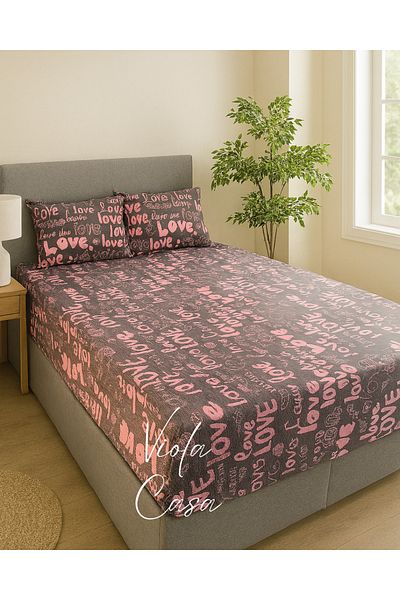 Violacasa Double Cotton Elastic Sheet Set 160x200 Extra Height 30 Cm Love