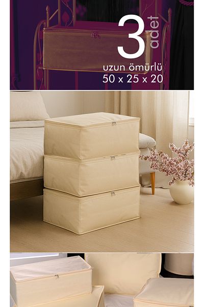 Vedsey Home Organizer Μεσαίου μεγέθους 50x25x20 cm Σετ 3 κάτω από το κρεβάτι και τον καναπέ - Κρέμα αποθήκευσης ρούχων