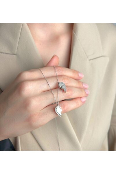 OGO SİLVER 925 Ayar Gümüş ( Işıklı Kutu Hediye ) Sen Ve Ben Mıknatıslı Birleşen Kalp Kolye