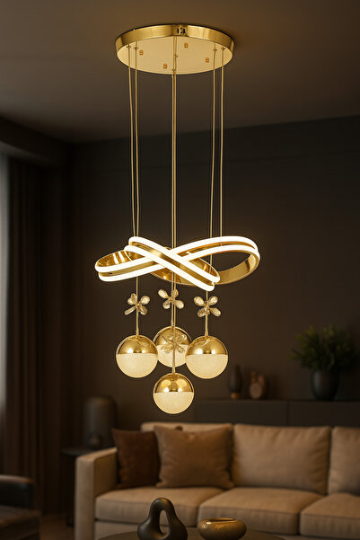 Avizemoda Atom 4'Lü Dimmer Kumandalı 3 Renk Ledli (Sarı-Beyaz-Gün Işığı) Modern Sarkıt Avize - Gold