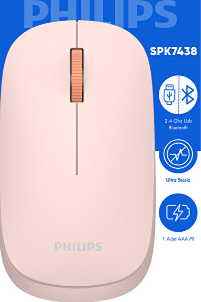 Philips Spk7438 Kablosuz Mouse Bluetooth Mouse Çift Mod Sessiz Mouse Pil Dahil Pembe Resmi Distribütör