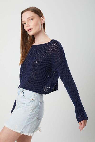 Mixray 6864 Women's Openwork Mesh Seasonal Sweater Navy Blue
