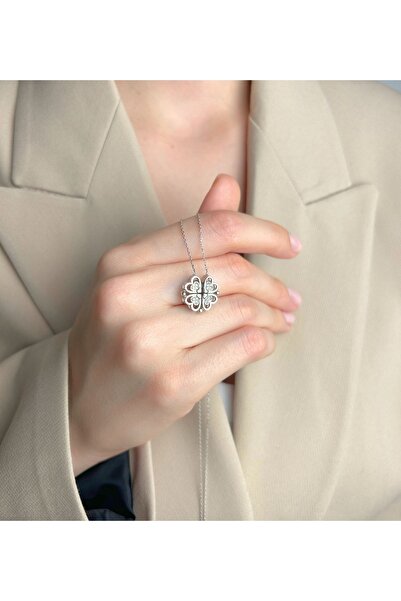 OGO SİLVER 925 Ayar Gümüş ( Işıklı Kutu Hediye ) Sevgi Zinciri Mıknatıslı Açılır Kalp Kolye