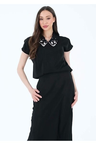 PERA MODA Κομψό γυναικείο πουκάμισο με κοντό μανίκι με μαργαριτάρια και πέτρες