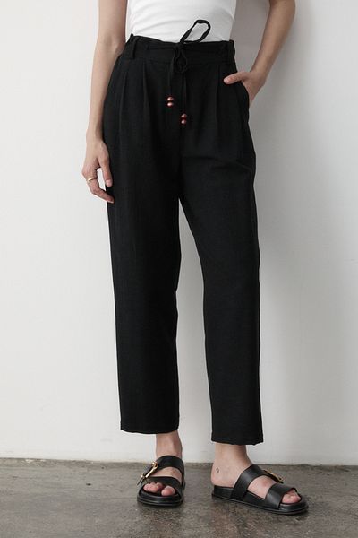 JASTE Women's Black High Waist Beaded Lace-Up Linen Trousers