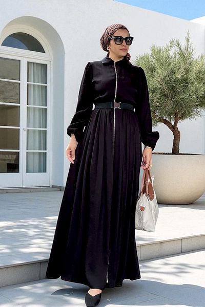 Aselim Hijap Moda Βαμβακερό φόρεμα με φερμουάρ |   Καλοκαιρινό καθημερινό και ειδικό φόρεμα |   Μαύρο