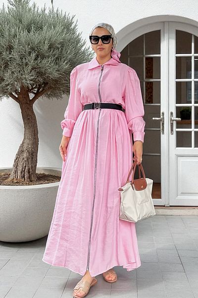 Aselim Hijap Moda Βαμβακερό φόρεμα με φερμουάρ |   Καλοκαιρινό καθημερινό και ειδικό φόρεμα |   Ροζ