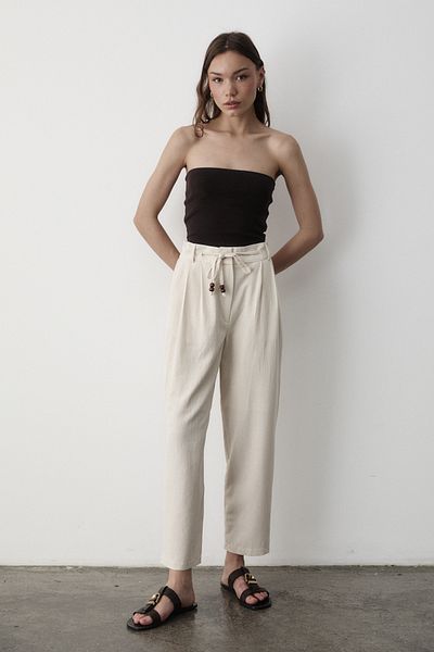 JASTE Women's Natural High Waist Beaded Lace-Up Linen Trousers