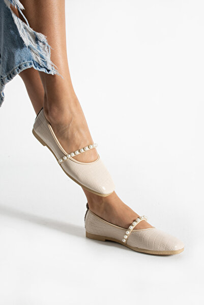 Moda Devrin Women's Beige Crocodile Pearl Ballerina Home and Outdoor Shoes