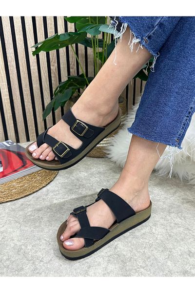 Nstil Women's Daily Black Slippers Single Toe Comfortable Cork Sole Adjustable Buckle Sandals 3416