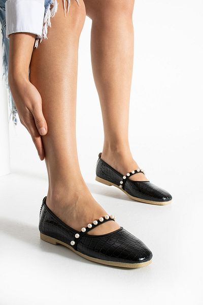 Moda Devrin Women's Black Crocodile Pearl Ballerina Home and Outdoor Shoes