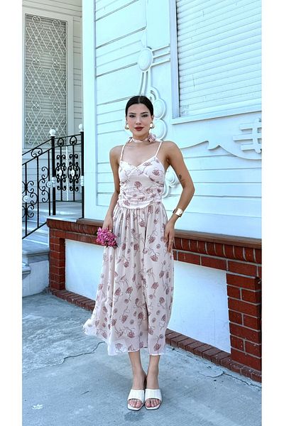 Nesil Patterned Women's Special Occasion Casual Dress with Rose Tie Detail at the Neck and Straps