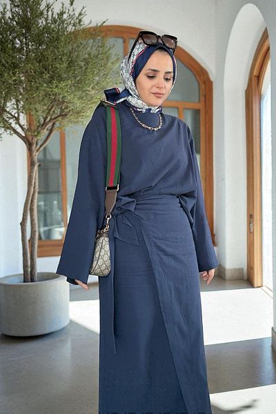 Aselim Hijap Moda Σετ Hijab με φούστα από 100% βαμβακερό λινό |   Δεμένο στη μέση, Navy Blue
