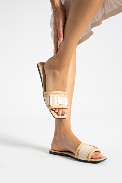 Moda Devrin Beige Side Buckle Slippers Home and Outdoor Slippers