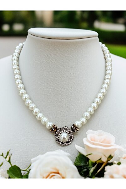 FAYRA ACCESSORIES Kristal Taşlı Çiçek Figür İnci Kolye
