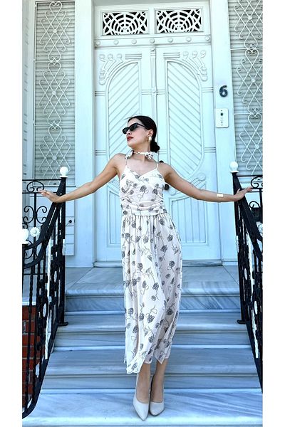 Nesil Patterned Women's Special Occasion Casual Dress with Rose Tie Detail at the Neck and Straps
