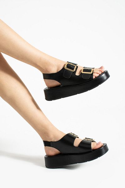 Moda Devrin Black Thick Sole Rubber Detailed Double Buckle Wrap Sandals
