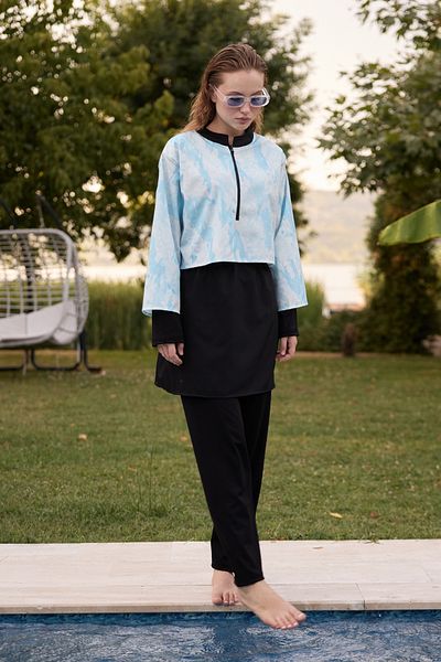 Bipantolon Γυναικείο Σετ μαγιό Hijab Blue Marbling Printed Full Closed 3 τεμαχίων