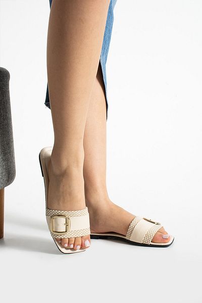 Moda Devrin Beige Jute Buckle Open Women's Slippers Home and Outdoor Slippers