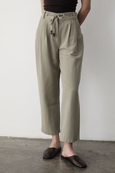 JASTE Women's Khaki High Waist Beaded Lace-Up Linen Trousers