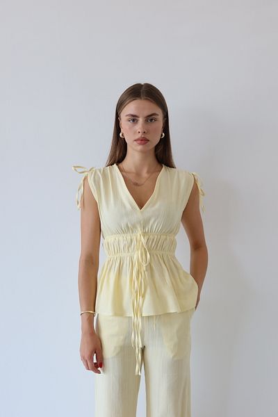 JASTE Women's Shoulder Waist Gathered Blouse & Elastic Waist Pants Linen Set