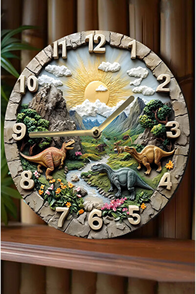kutuTR Sessiz Yuvarlak Ahşap Duvar Saati, Kuvars Dinazorlar 2d Sdw027