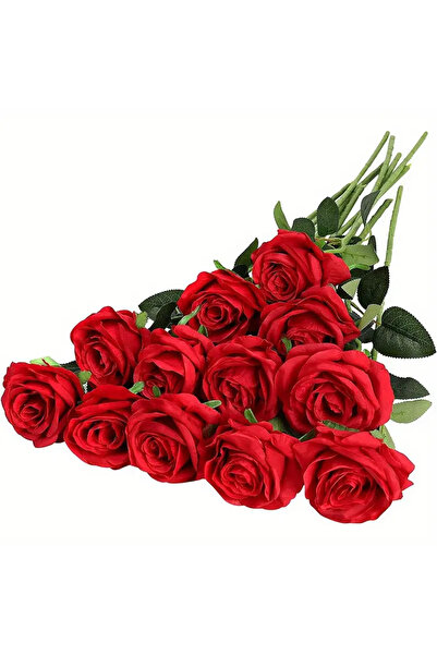 Genel Markalar Yapay Kadife Gül 10 Adet Kırmızı 50 Cm – Yapay Çiçek Dekor, Masa Süsü, Fon