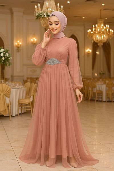 Neva Style Βραδινό φόρεμα Hijab με πούδρα τούλι 54230pd