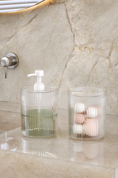 Pufwin Home Διπλό XL Μεγάλο Μέγεθος 700ml Πάγκος Διανομέας Υγρού Σαπουνιού και Σετ Βαμβακιού Διαφανές