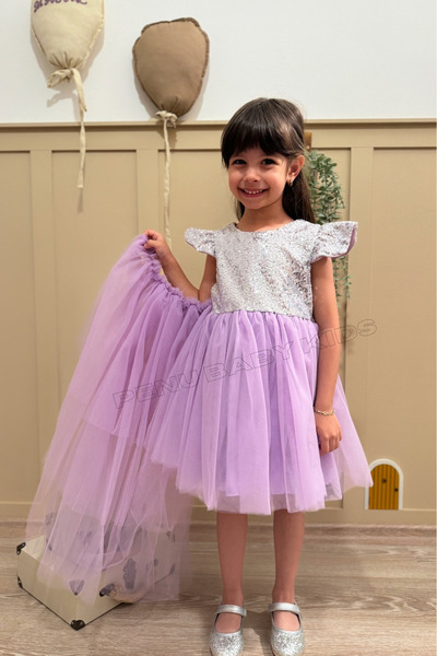 penu baby kids Lila Payetli Kısa Kol Tül Etekli Kız Bebek Elbise - Elizabeth