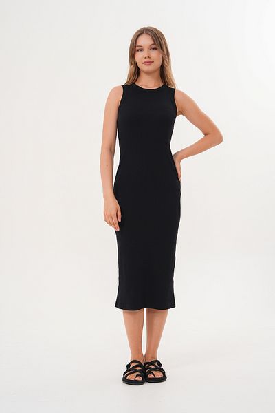 Basics&More Women's Black Ribbed Camisole Midi Dress – Sleeveless, Crew Neck, Casual Fit