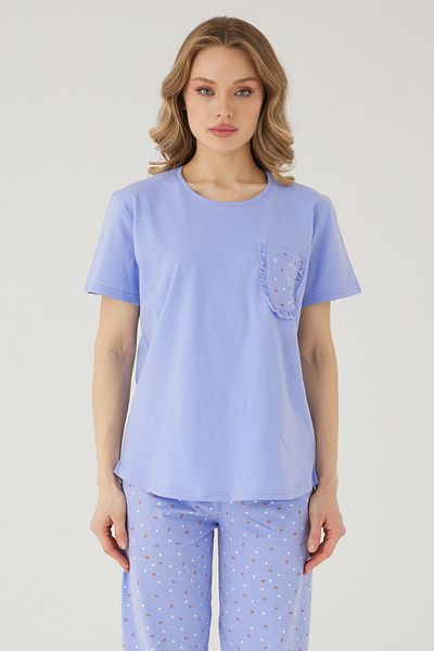 TURAY Wishes Comfort Kısakol 100% Cotton Women's Mind Blue Pajama Set
