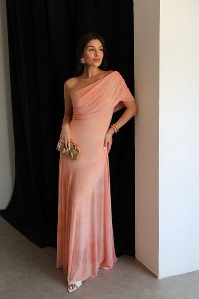 Julidress Patterned One Shoulder Lined Premium Chiffon Tulle Dress