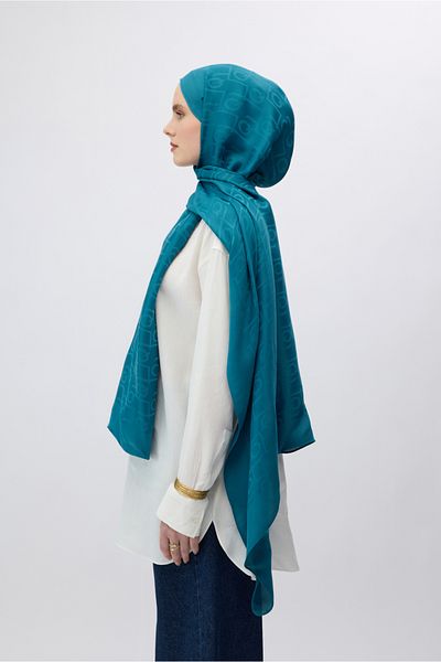 Qef Silk Jacquard Monogram Shawl Petrol Blue