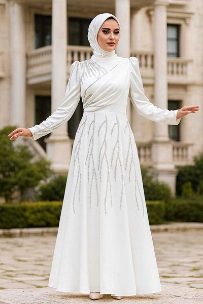 Neva Style Βραδινό φόρεμα με χάντρες κεντημένο εκρού χιτζάμπ σατέν 3984e