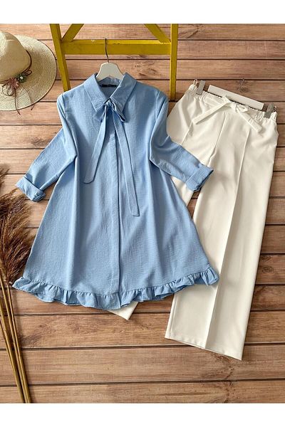 Kirazgym Women's Ribbon Ruffle Detailed Crepe Blue Tunic and White Double Crepe Trousers Set - 2-Piece Combination