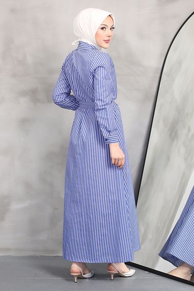 Kirazgym Γυναικείο πουκάμισο Hijab – Μπλε και άσπρο ριγέ, ζωσμένο, με κρυφή τσέπη, καλοκαιρινό μακρύ φόρεμα