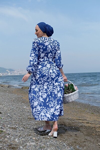 ENDERON Λευκό Floral Flared Hijab Εποχιακό Φόρεμα-Σαξ Μπλε