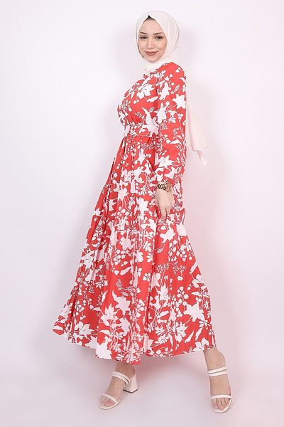ENDERON White Floral Flared Hijab Seasonal Dress