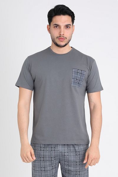 TURAY Leeds Wrist 100% Cotton Men's Short Sleeve Plaid Gray Pajama Set