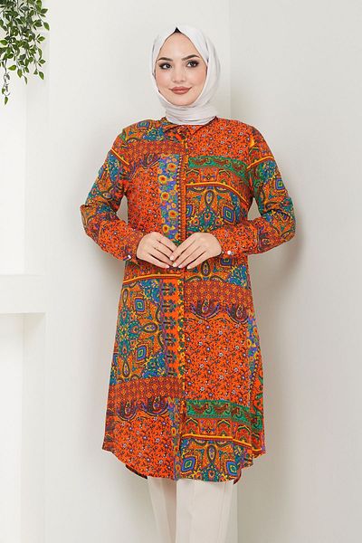 Kirazgym Ethnic Orange Patterned Viscose Tunic