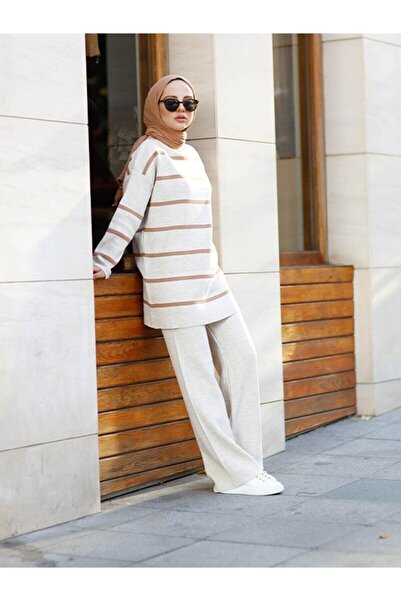 Maystore Kő színű női csíkos kötöttáru nadrág és tunika szett