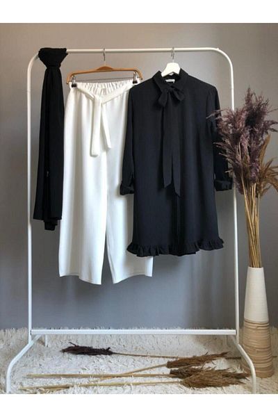 Ruj Moda Λευκό παντελόνι με βολάν με συνδυαστική κορδέλα Λεπτομερές τουνίκ