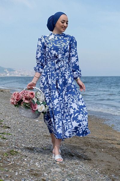 ENDERON Λευκό Floral Flared Hijab Εποχιακό Φόρεμα-Σαξ Μπλε