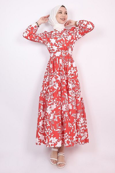 ENDERON White Floral Flared Hijab Seasonal Dress