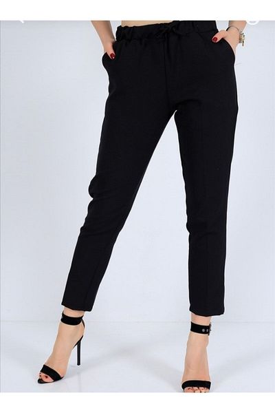 Lucia Fashion Women's Black Elastic Waist Carrot Cut Slim Leg Fabric Trousers with Side Pockets
