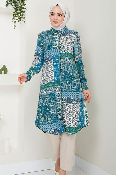 Kirazgym Ethnic Green Patterned Viscose Tunic
