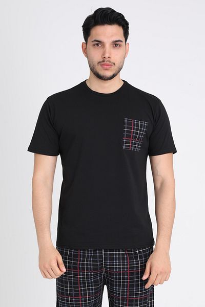 TURAY Ανδρικό κοντό καρό μαύρο σετ πιτζάμες Leeds Wrist 100% βαμβάκι